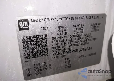 2024 Chevrolet Equinox Ev Lt z USA, uszkodzony, nr VIN 3GN7DMRP6RS252634